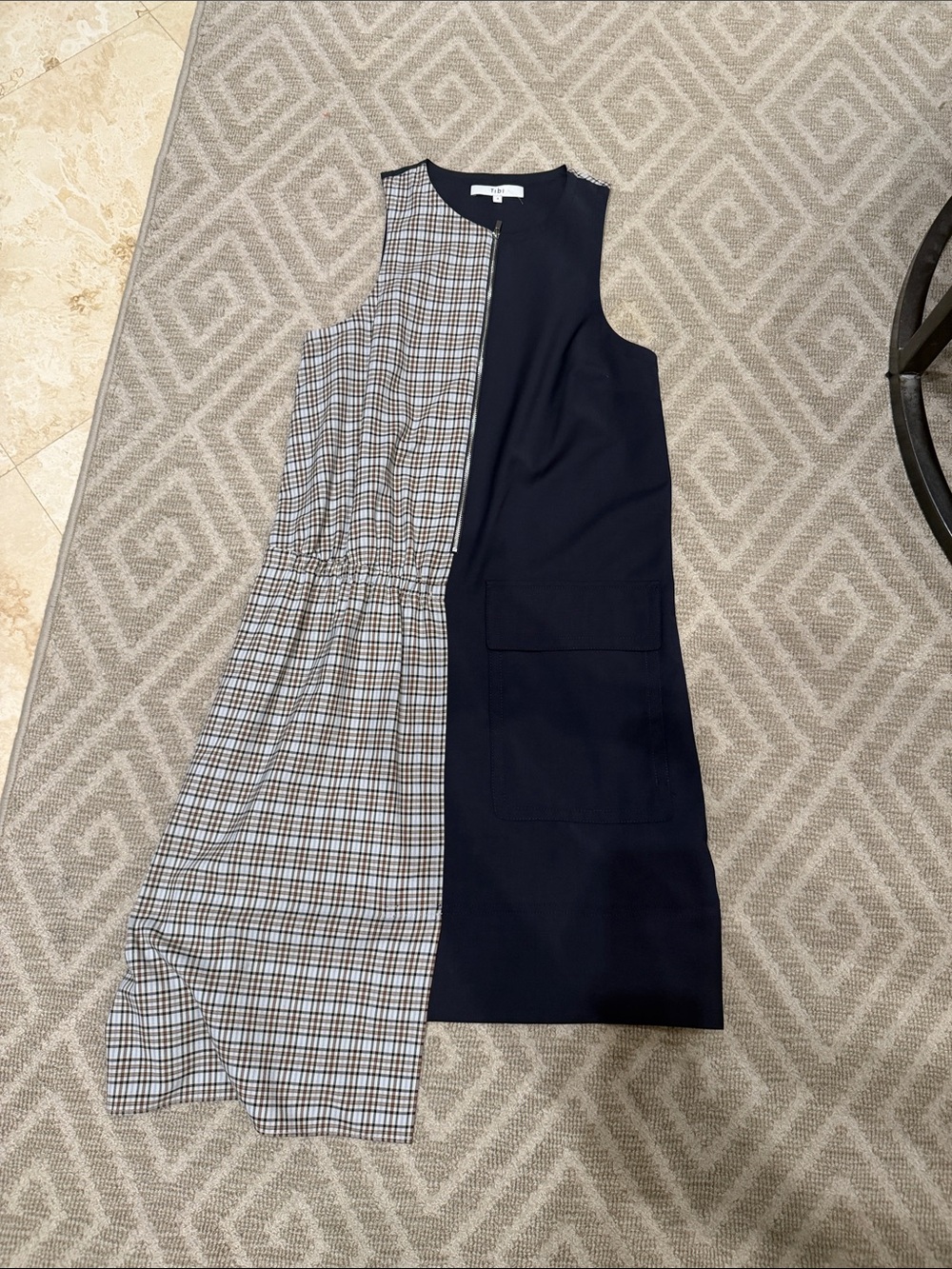 Tibi Navy and Beige Plaid Split Midi Dress
